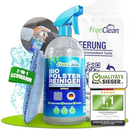 Produktbild: FreeClean - Bio Polsterreiniger Set (EXTRA STARK OHNE CHEMIE) Teppichreiniger 500ml als Polsterreiniger Sofa & Polsterreiniger Auto - Sofa Reiniger als Fleckenentferner mit Schwamm - Made in DE