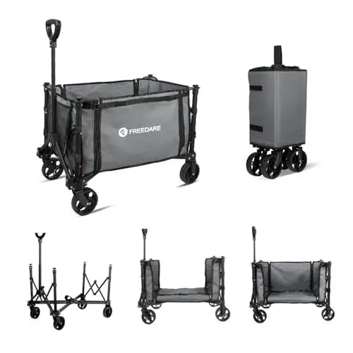Produktbild: FREEDARE 70 kg/120 l Bollerwagen Faltbar für Camping und Einkaufen mit Abnehmbaren Rädern und Verstellbarem Griff, Allzweck-Gartenwagen mit Wechselplane, Grau