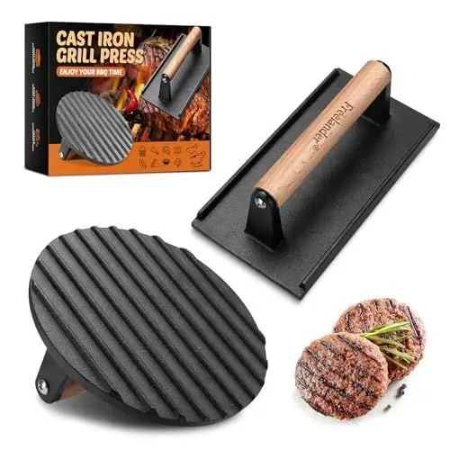 Produktbild: Freelander Burgerpresse Gusseisen, Burger Smasher Set mit Runde (Ø 17.6cm) und Rechteckige (20.5cm), Grillpresse mit Hitzeresistentem Griff, Groß Hamburgerpresse für BBQ, Steak, Sandwiches