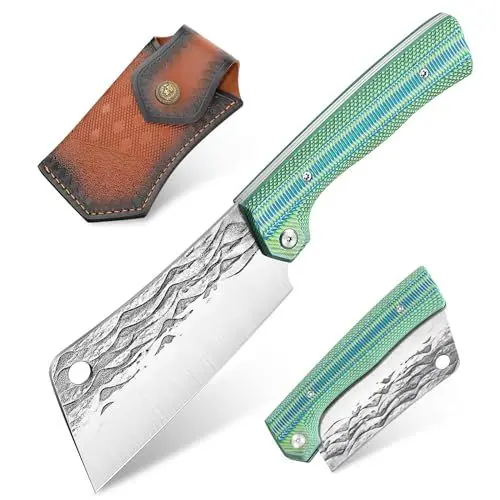 Produktbild: Freelander Hackmesser Klappbares Küchenmesser aus 4Cr13, Zweihand Klappmesser Outdoor Groß mit G10 Griff, Fleischmesser Japanisch Handgeschmiedet mit Scheide, Grillmesser fur Camping, BBQ, Grün