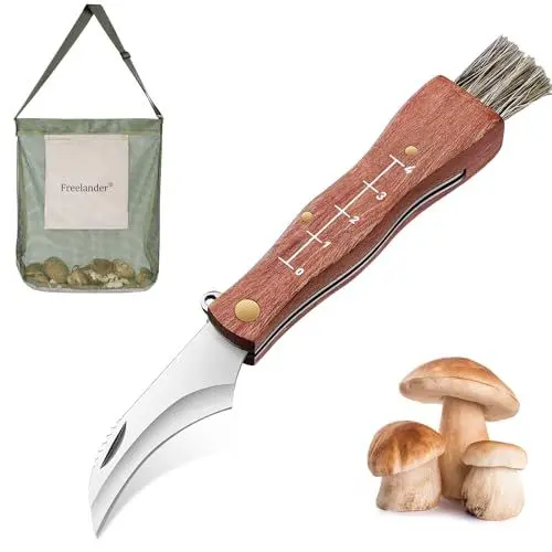 Produktbild: Freelander Pilzmesser mit Bürste und Tasche, Großvolumige Pilzsammeltasche, Schwammerlmesser mit Pinsel, Taschenmesser Klappmesser Outdoor mit Holzgriff, Pilzmesser Set Geschenk für Pilzsammler