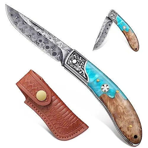 Produktbild: Freelander Taschenmesser Klappmesser Klein, Outdoor Klappmesser Zweihandmesser aus 5CR15 Stahl, Taschenmesser Damast mit Birnenholzgriff, EDC Messer mit Holster für Camping & Survival & Angeln