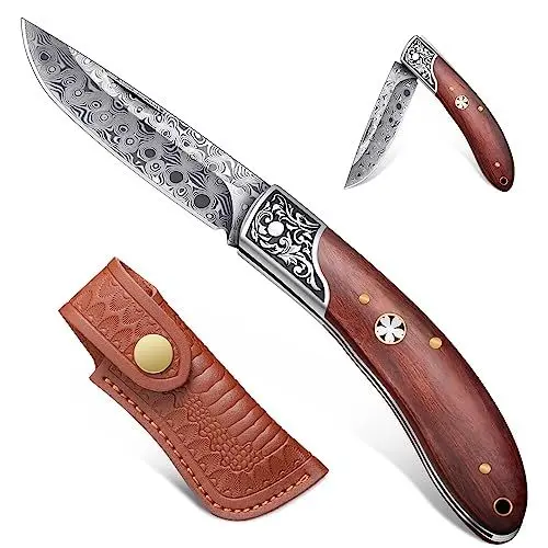 Produktbild: Freelander Taschenmesser Klappmesser Klein, Outdoor Klappmesser Zweihandmesser aus 5CR15 Stahl, Taschenmesser Damast mit Holzgriff, EDC Messer mit Holster für Camping & Survival & Angeln