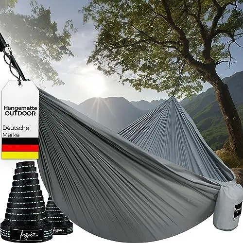 Produktbild: freigeist® Premium Hängematte Outdoor aus Ultra-Leichter Fallschirmseide | Camping Hängematte 2 Personen mit EXTRA hoher Tragkraft | Camping| Hammock..