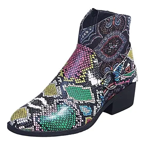 Produktbild: Freiluftkind BarfußSchuhe Damen Hohe Schuhe Damen Damen Schlangenmuster Suqare Heels Zipper Stickerei Short Booties Round Toe Schuhe Damen Schuhe Mit Absatz FüR Damen Tanzschuhe (Green, 39)