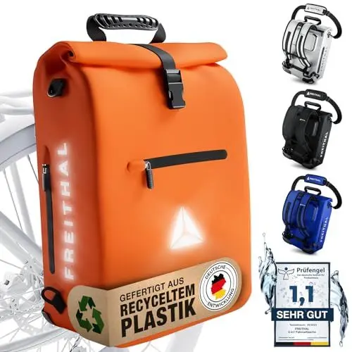 Produktbild: FREITHAL - 3in1 Fahrradtasche Rucksack (25L) Verwendbar als Gepäckträgertasche, Rucksack & Umhängetasche - 100% wasserdichte & Reflektierende Fahrradtasche - Mit 16