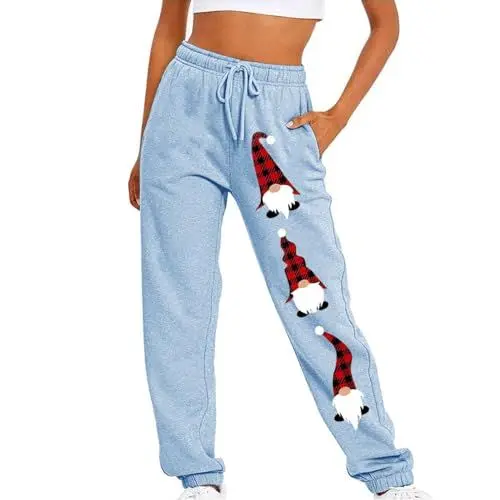 Produktbild: Freizeithose Damen Lang Weihnachts Jogginghose Christmas Druck Sporthose Casual High Waist Laufhose mit Elastischem Bund Joggoinghosen mit Taschen Jogginghosen Weites Bein Outdoorhose Lustige Hosen