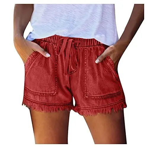 Produktbild: Freizeithose Damen Schwarz Hoher Bund Damen Lose Taille Modehose für Frauen im Plus Größe Kurze Damenhose mit mittlerer Passform Freizeithose Damen Schwarz Hoher Bund Damen (Red, L)
