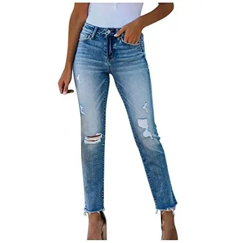 Produktbild: Freizeithose Damen Schwarz Hoher Bund Petite Denim Women 's Hole dünne lässige TaschenMode für die schlanke Hosenknopfhose für Frauen Freizeithose Damen Schwarz Polyester Hosen (Blue, XL)