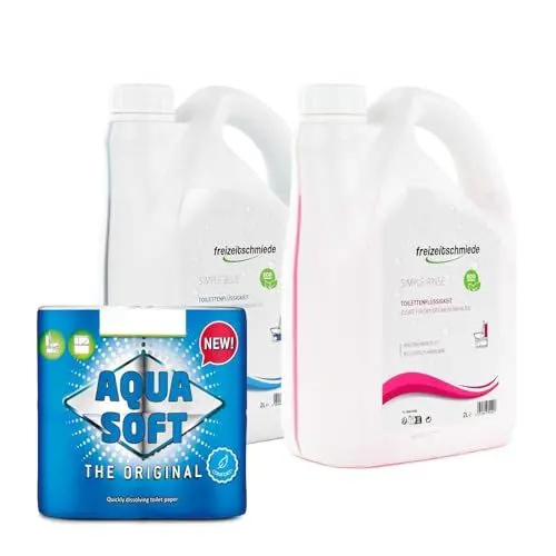 Produktbild: Freizeitschmiede Set Toiletten Zusatz Simple Blue + Rinse je 2L Sanitärflüssigkeit für Campingtoilette inkl. Aqua Soft Toilettenpapier