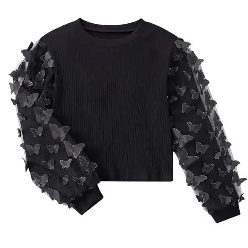 Produktbild: Freshhoodies Mädchen Pulli Schwarz Langarm Rundhals T-Shirt Casual Top Tee Fest Schmetterling Baumwolle Tshirt, 6-7 Jahre