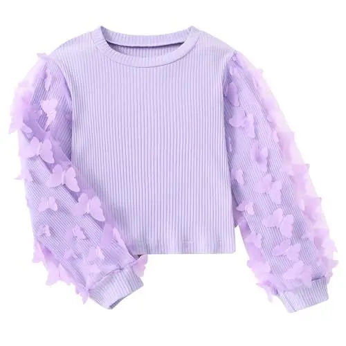 Produktbild: Freshhoodies Mädchen Pulli Lila Langarm Rundhals T-Shirt Casual Top Tee Fest Schmetterling Baumwolle Tshirt, 6-7 Jahre