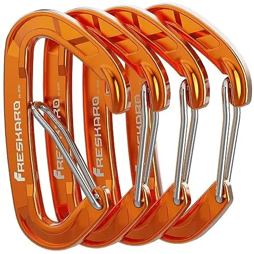 Produktbild: FresKaro Karabiner Haken-Karabinerhaken 15kN, Robust, Klein, Stabil, Schlüsselanhänger, Zubehör, Federschnapper, für Camping Hängematte Schaukel Hundeleine Schlüssel, Nicht zum Klettern, 4Stück Orange