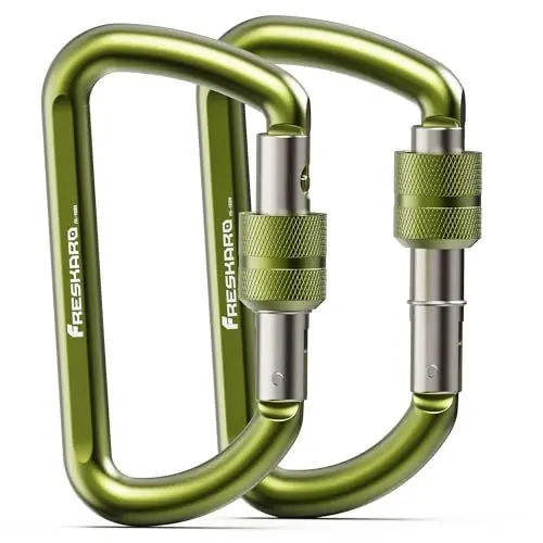 Produktbild: FresKaro Karabiner Schraubverschluss, Schraubkarabiner, Schloss Karabiners Hängematte, Alu Carabiner, 12kN-1224kg, Aluminium, Ultraleicht, Belastbar, für Schlüssel, Hundeleine, Grün 2 Stück