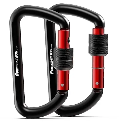 Produktbild: FresKaro Karabiner Schraubverschluss Schwarz, Schraubkarabiner, Schloss Karabiners Hängematte, Alu Carabiner, 12kN-1224kg, Aluminium, Ultraleicht, Belastbar, für Schlüssel, Hundeleine, 2 Stück