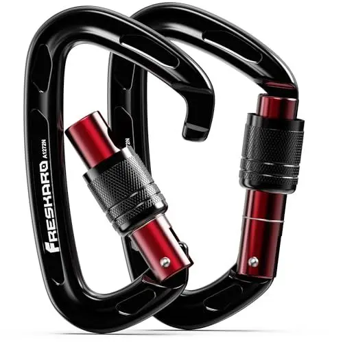 Produktbild: FresKaro Karabiner schwarz, Kletterhaken, Schraubverschluss, Auto-Close, Schraubverschluss, Kletterkarabiner zum Abseilen, Hundeleinen, groß, extra stark 2550kg, 2 Stück