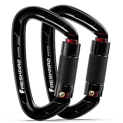 Produktbild: FresKaro CE und UIAA-Zertifizierte Kletterkarabiner, 25kN/2550kg, Twist Lock, Anzug zum Klettern, Abseilen, Camping, Hundeleine, Hängematte, Schaukel, Yoga, D-förmig, Große Größe, Schwarz, 2 Stück