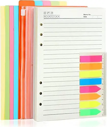 Produktbild: Freude A5 Nachfüllpapier - 6 Löcher liniertes Papie，5 bunten Index-Trennblättern, 2 losen Blatttaschen und 160 Etiketten mit Lineal für deinen A5 Journal Notebook Planner Organizer.