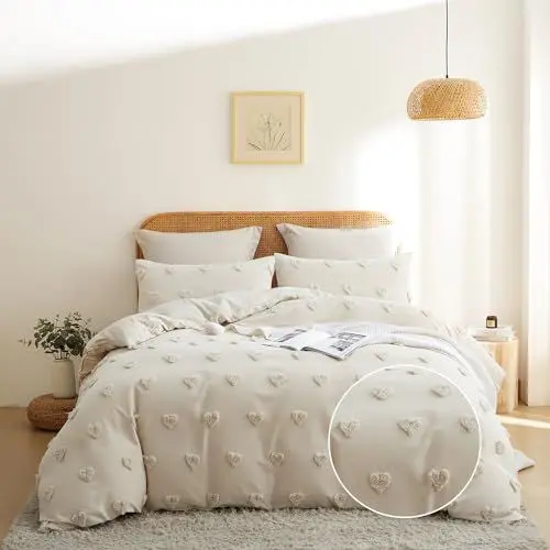 Produktbild: Freyamy Beige Böhmen Bettwäsche 135x200cm 4teilig Getuftet Herz Stickerei Shabby Chic Boho Bettwäsche Microfaser Weiche Bettbezug 2 Bettdeckenbezüge mit Reißverschluss und 2 Kissenbezug 80x80cm