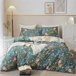 Produktbild: Freyamy Bettwäsche 135x200cm 4teilig Grün Dunkelgrün Bunt Blumen Blätter Pflanzen Wendebettwäsche Floral Mädchen Microfaser Bettbezug 2 Bettdeckenbezüge mit Reißverschluss und 2 Kissenbezug 80x80cm