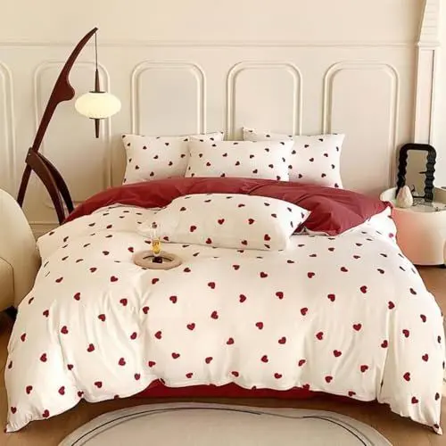 Produktbild: Freyamy Bettwäsche 155x220cm 2teilig Weiß Rot Herz Mädchen Bettwaren-Sets Romantisch Liebe Bettwäsche 100% Microfaser Liebesmotiv Bettbezug mit Reißverschluss und Kissenbezug 80x80cm