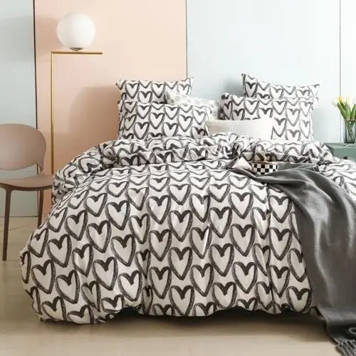 Produktbild: Freyamy Bettwäsche 200x200cm 3teilig Schwarz Weiß Herz Bettwaren-Sets Gebürstet 100% Microfaser Wendebettwäsche Romantisch Doppelbett Bettbezug mit Reißverschluss und 2 Kissenbezug 80x80cm