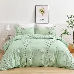 Produktbild: Freyamy Blumen Bettwäsche 155x220cm 2teilig Grün Salbeigrün Pflaumenblüten Zweig Bettwaren-Sets 100% Microfaser Weiche Bettwäsche Mädchen Bettbezug mit Reißverschluss und Kissenbezug 80x80cm
