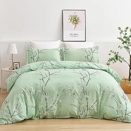 Produktbild: Freyamy Blumen Bettwäsche 155x220cm 2teilig Grün Salbeigrün Pflaumenblüten Zweig Bettwaren-Sets 100% Microfaser Weiche Bettwäsche Mädchen Bettbezug mit Reißverschluss und Kissenbezug 80x80cm