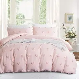 Produktbild: Freyamy Boho Bettwäsche 135x200cm 2teilig Rosa Getuftet Herz Böhmen Bettwäsche Stickerei Shabby Chic Bettwaren-Sets Microfaser Weiche Bettbezug mit Reißverschluss und Kissenbezug 80x80cm