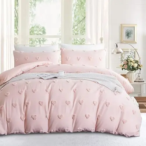 Produktbild: Freyamy Boho Bettwäsche 135x200cm 2teilig Rosa Getuftet Herz Böhmen Bettwäsche Stickerei Shabby Chic Bettwaren-Sets Microfaser Weiche Bettbezug mit Reißverschluss und Kissenbezug 80x80cm