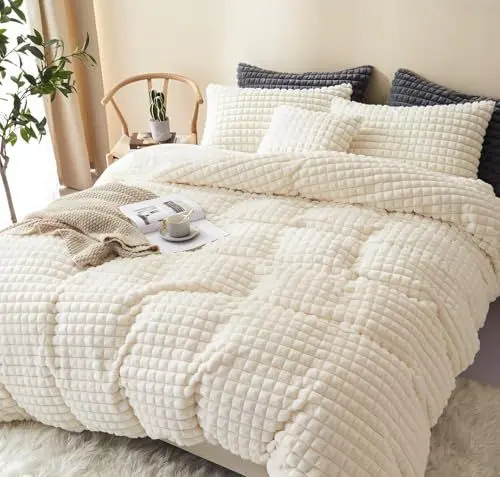 Produktbild: Freyamy Plüsch Bettwäsche 200x220 Beige Flauschig Kunstfell Winterbettwäsche Warme Flanell Fleece Deckenbezug Samt Biber Cashmere Touch Bettbezug mit Reißverschluss und 2 Kissenbezug 80x80cm