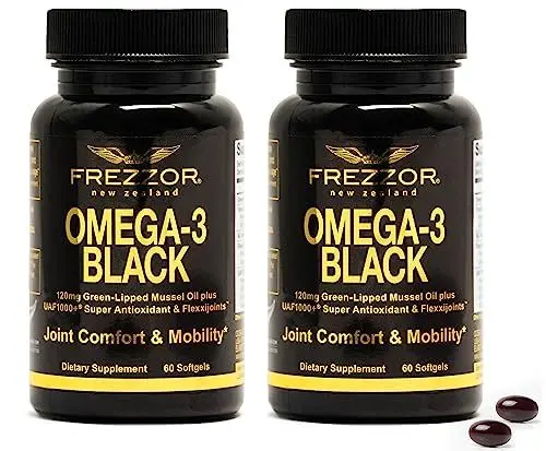 Produktbild: FREZZOR Omega 3 Black für Gelenkpflege & Komfort - Neuseeland Grünlippmuschelöl Kapseln·· 53x höhere Potenz mit UAF1000+ Super Antioxidant, kein fischiger Nachgeschmack, 450mg (120 Stück)