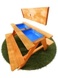 Produktbild: FRIEDO - 2in1 Kindersitzgruppe mit Matschtisch aus lackiertem Holz - Matschküche & Wasserspieltisch für den Garten - Gem. deutscher Standards geprüfte Kinder Gartenmöbel - Für Outdoor & Indoor Nutzung