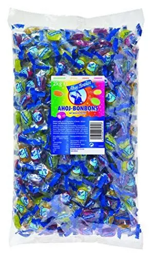 Produktbild: Frigeo Ahoj-Brause Bonbons mit Brause-Pulver im Beutel – Frucht- mit prickelnder Füllung, - in vier süß-sauren Geschmacksrichtungen, vegan, im Vorrats-Pack, 2 kg