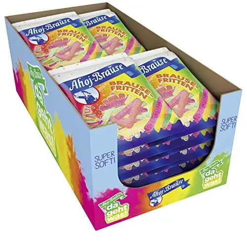 Produktbild: Frigeo Ahoj-Brause Fritten – prickelndes softes Gummibonbon in vier süß-sauren Geschmacksrichtungen, softe Gummi-Bonbons für das perfekte Naschvergnügen, vegan, im Vorrats-Pack, 16 x 150 g