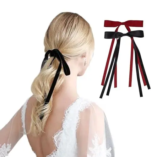 Produktbild: Frimievy 2 Stück Haarschleifen Clips, Schleife Mit Langem Schwanz,Rot - Schwarz Haarband, Pferdeschwanzhalter, Metallklammern,Haarschleife Für Damen
