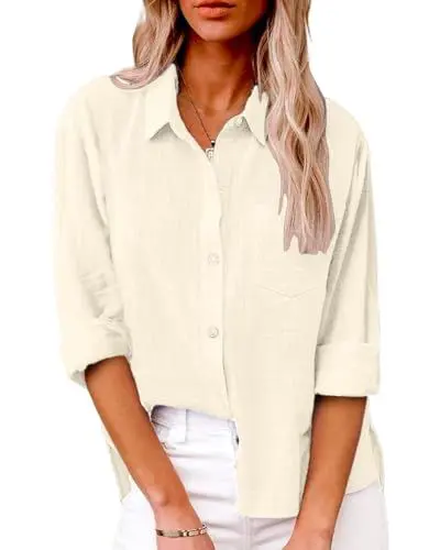 Produktbild: Friptspyg Bluse Damen Lässiges Langarm Hemdbluse Elegant Blusen & Tuniken für Damen V-Ausschnitt 100% Baumwolle Solide Sommer Oberteile mit Tasche, Aprikose L