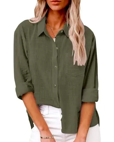Produktbild: Friptspyg Bluse Damen Lässiges Langarm Hemdbluse Elegant Blusen & Tuniken für Damen V-Ausschnitt 100% Baumwolle Solide Sommer Oberteile mit Tasche, Armee Grün M