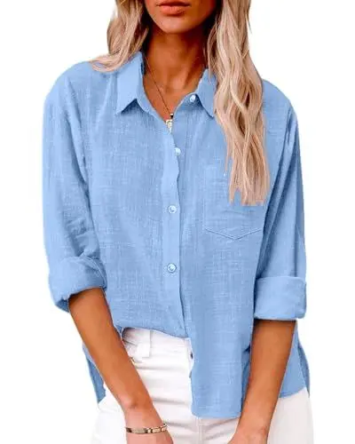 Produktbild: Friptspyg Bluse Damen Lässiges Langarm Hemdbluse Elegant Blusen & Tuniken für Damen V-Ausschnitt 100% Baumwolle Solide Sommer Oberteile mit Tasche, Himmelblau L
