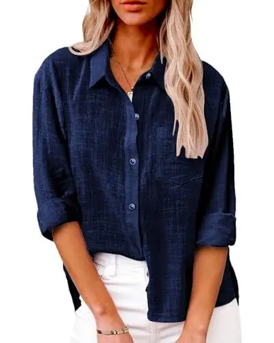 Produktbild: Friptspyg Bluse Damen Lässiges Langarm Hemdbluse Elegant Blusen & Tuniken für Damen V-Ausschnitt 100% Baumwolle Solide Sommer Oberteile mit Tasche, Marineblau M