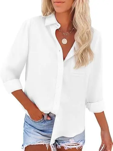 Produktbild: Friptspyg Bluse Damen Langarm Elegant Hemdbluse Lässiges Langbluse V-Ausschnitt Oversize Bluse Oberteile Tops mit Tasche,Weiß S