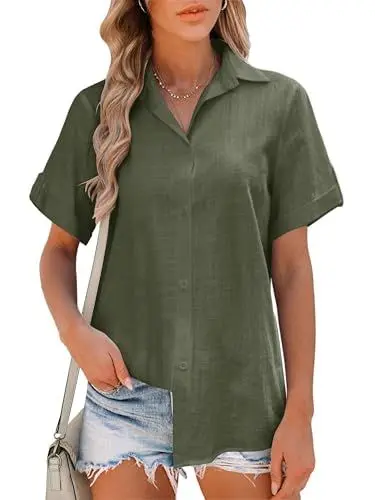 Produktbild: Friptspyg Bluse Damen Sommer Lässiges Kurzarm Hemdbluse V-Ausschnitt 100% Baumwolle Solide Blusenshirt Elegant Oberteile,Armee Grün XXL