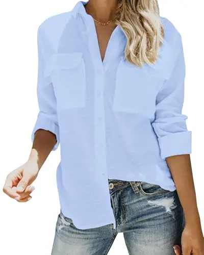 Produktbild: Friptspyg Blusen & Tuniken für Damen Langarm Hemden Damen V-Ausschnitt 100% Baumwolle Shirt Oberteile Tops mit Zwei Taschen,Himmelblau L