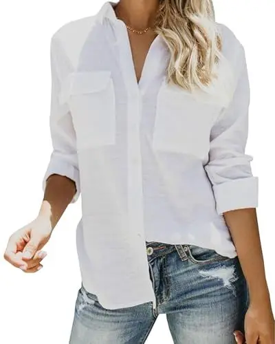 Produktbild: Friptspyg Blusen & Tuniken für Damen Langarm Hemden Damen V-Ausschnitt 100% Baumwolle Shirt Oberteile Tops mit Zwei Taschen,Weiß L