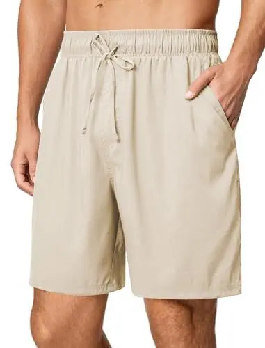 Produktbild: Friptspyg Herren Kurz Hosen Sommer Shorts Freizeit Leinen Stretch mit Taschen Leichte Strand Shorts Freizeithose, Khaki M