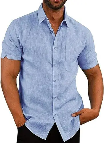 Produktbild: Friptspyg Leinenhemd Herren Hemd Kruzarm Baumwolle Leinen Hemden Regular Fit Freizeithemden Sommer Kurzarmhemd Casual Strandhemd mit Tasche, Himmelblau L