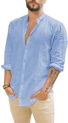 Produktbild: Friptspyg Leinenhemd Herren Hemd Langarm Baumwolle Leinen Hemden Button-Down Freizeithemden Casual Regular Fit Sommerhemd, Himmelblau XL