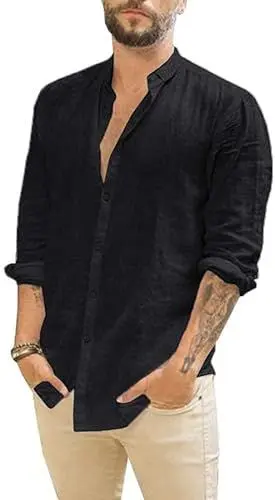 Produktbild: Friptspyg Leinenhemd Herren Hemd Langarm Baumwolle Leinen Hemden Button-Down Freizeithemden Casual Regular Fit Sommerhemd, Schwarz 2XL