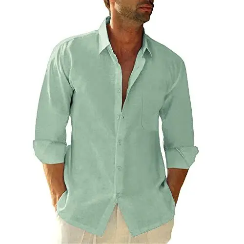 Produktbild: Friptspyg Leinenhemd Herren Langarm Baumwolle Leinen Hemd Herren Freizeithemden Casual Regular Fit Sommerhemd mit Tasche, Mintgrün L