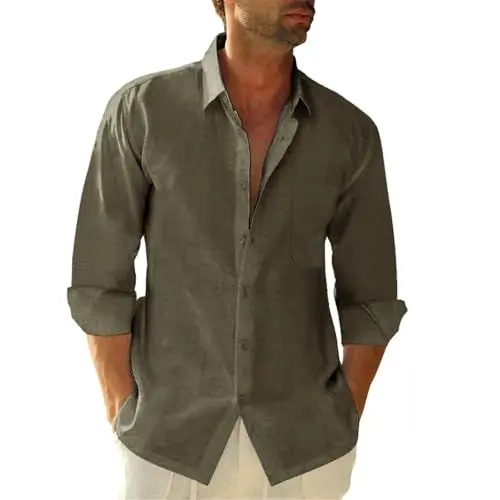 Produktbild: Friptspyg Leinenhemd Herren Langarm Baumwolle Leinen Hemd Herren Freizeithemden Casual Regular Fit Sommerhemd mit Tasche, Olivgrün M